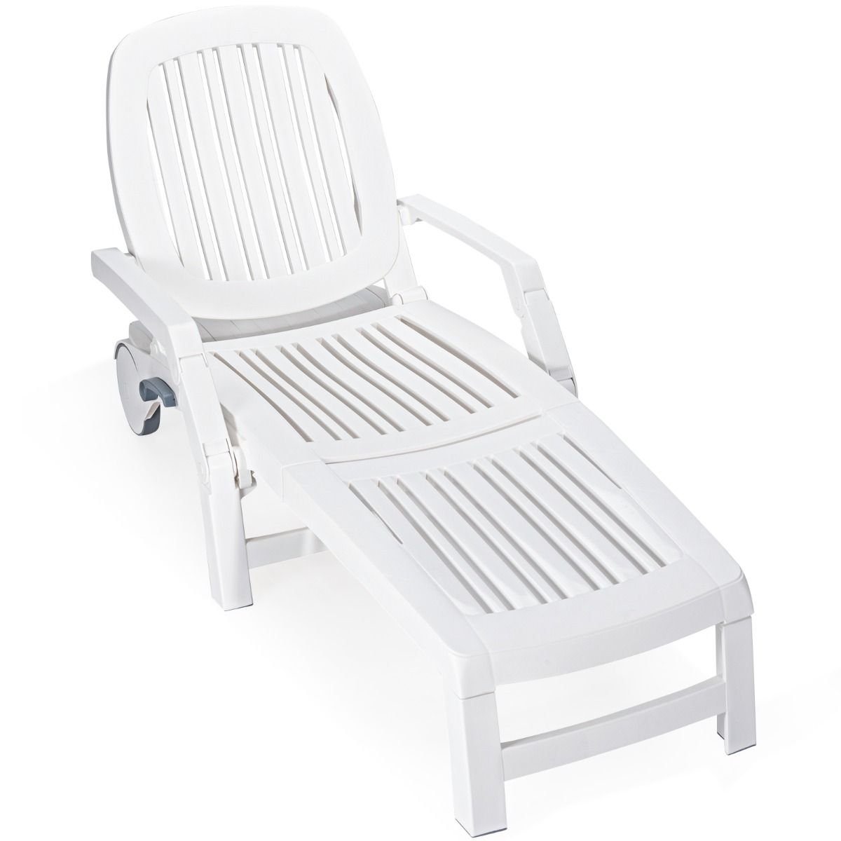 Chaise Longue Inclinable Réglable à 5 Positions avec Roues Flexibles Fauteuil Relax de Camping avec Boîte de Rangement Charge 150KG Blanc