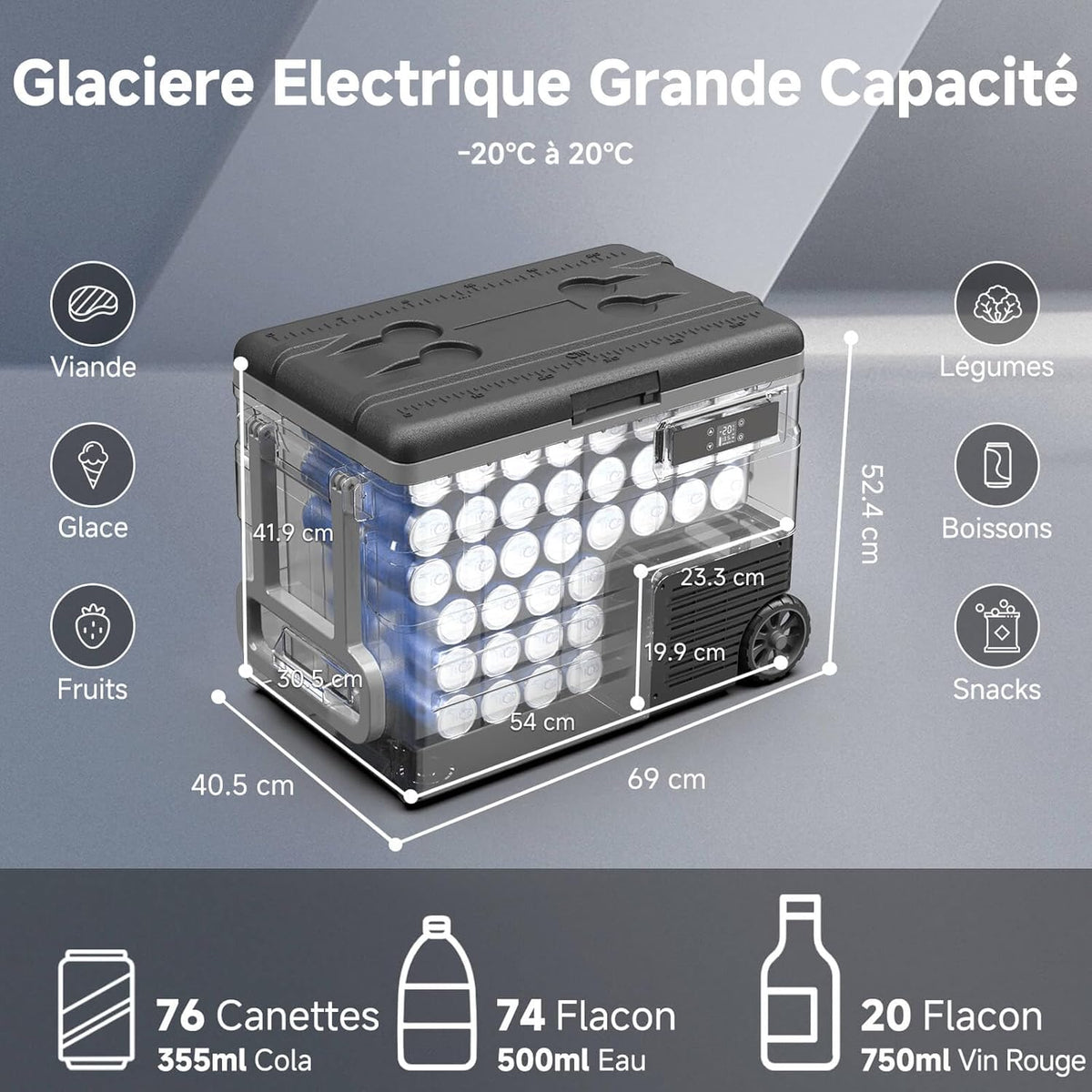 AAOBOSI 45L Glacière à Compresseur, Glaciere Électrique -20℃ à 20℃, Frigo Camion APP&Bouton Contrôle, 12/24V DC et 100-240V AC Glaciere Camping Pou...