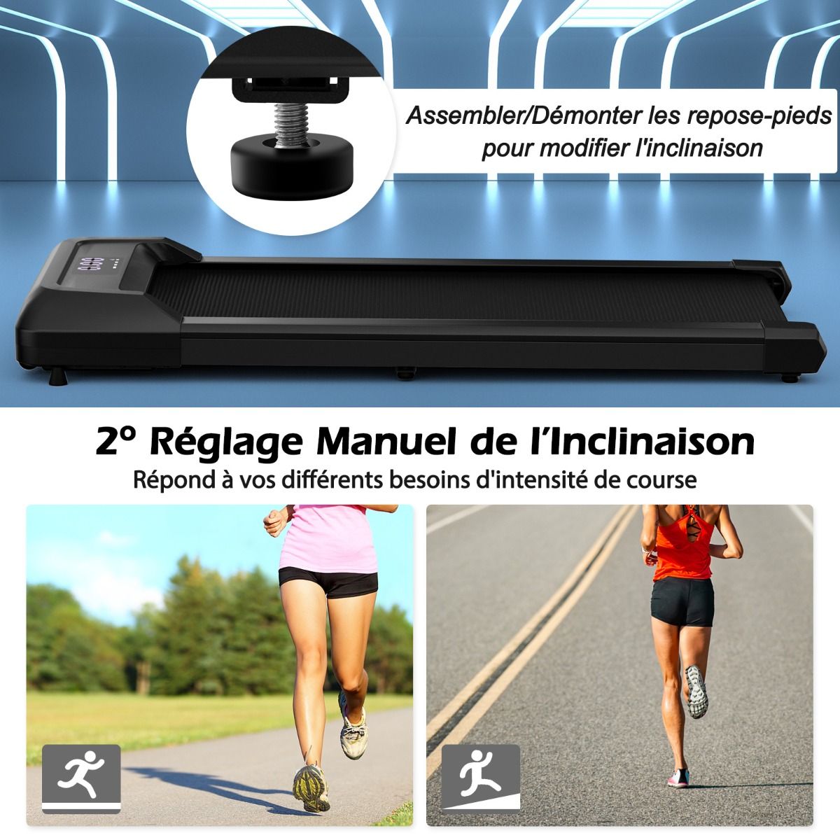 Tapis de Course Mince Tapis de Jogging avec Capacité de 120 Kg Télécommande et Écran Led Inclinable à Roulettes Tapis de Course à Glisser Gris/Noir...