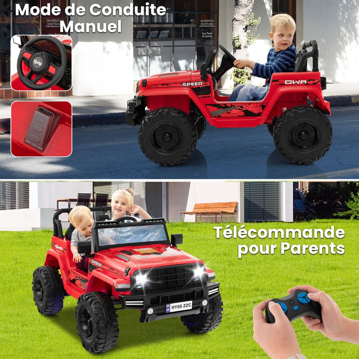24V Voiture Électrique 2 Places Enfants avec Télécommande 2,4G Musique LED Démarrage Lent 2 Vitesses Charge 35kg pour 3-8 Ans+ Rouge/Rose/Vert