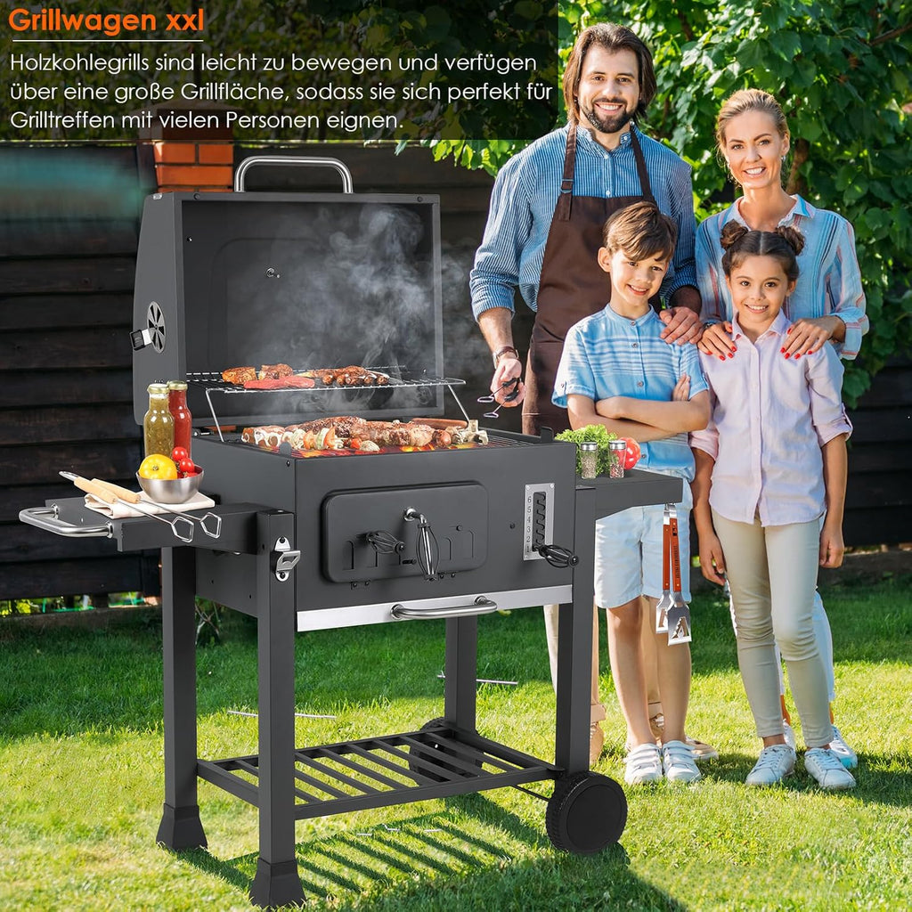 Barbecue Charbon de Bois XL, Chariot à Barbecue, Grill XL à Charbon avec Couvercle, Roues et Thermomètre, Réglable en Hauteur, Grand Barbecue au Ch...