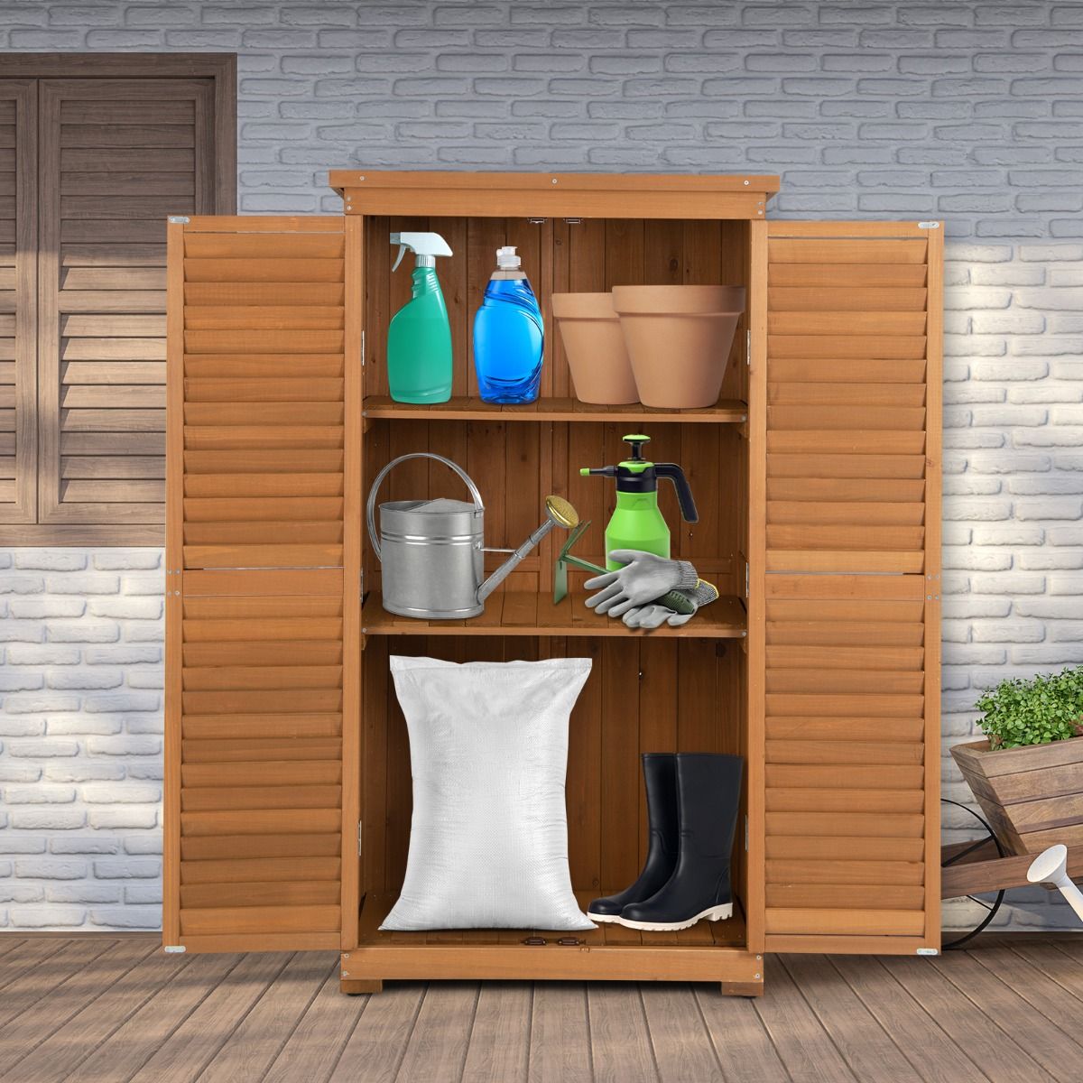 Abri de Jardin En Bois 160 Cm Toit en Asphalte 2 Portes Verrouillables avec Loquet Armoire Cabane en Sapin Pré-Huilé Imperméable 3 Étagères Amovibl...