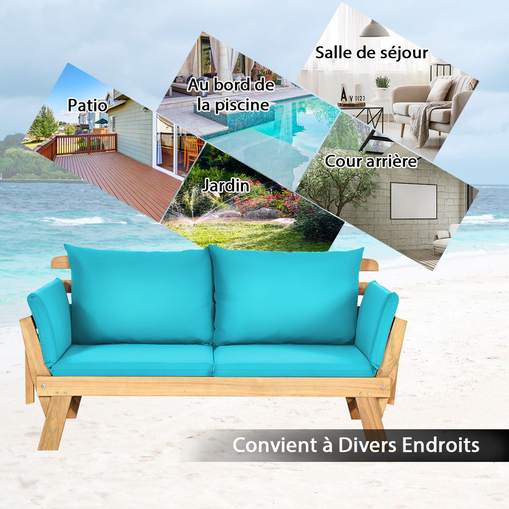 Chaise Longue Convertible avec Coussin Canapé de Jardin 2 en 1 en Bois d’Acacia avec Accoudoir Réglable pour Patio Piscine Jardin Blanc/Gris/Bleu/R...