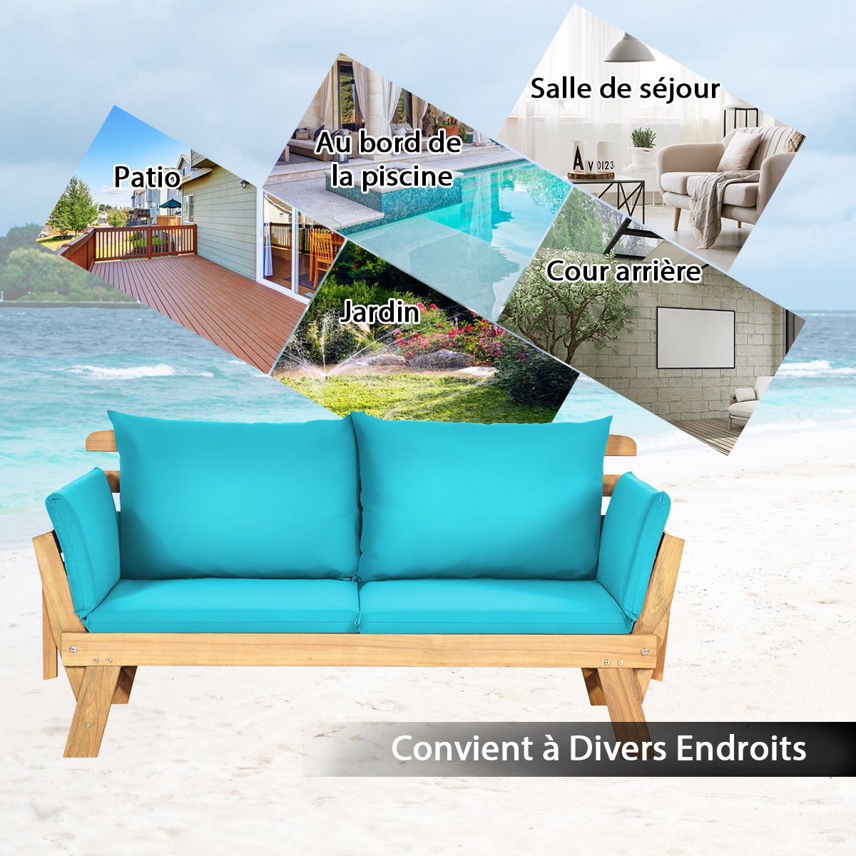 Chaise Longue Convertible avec Coussin Canapé de Jardin 2 en 1 en Bois d’Acacia avec Accoudoir Réglable pour Patio Piscine Jardin Blanc/Gris/Bleu/R...