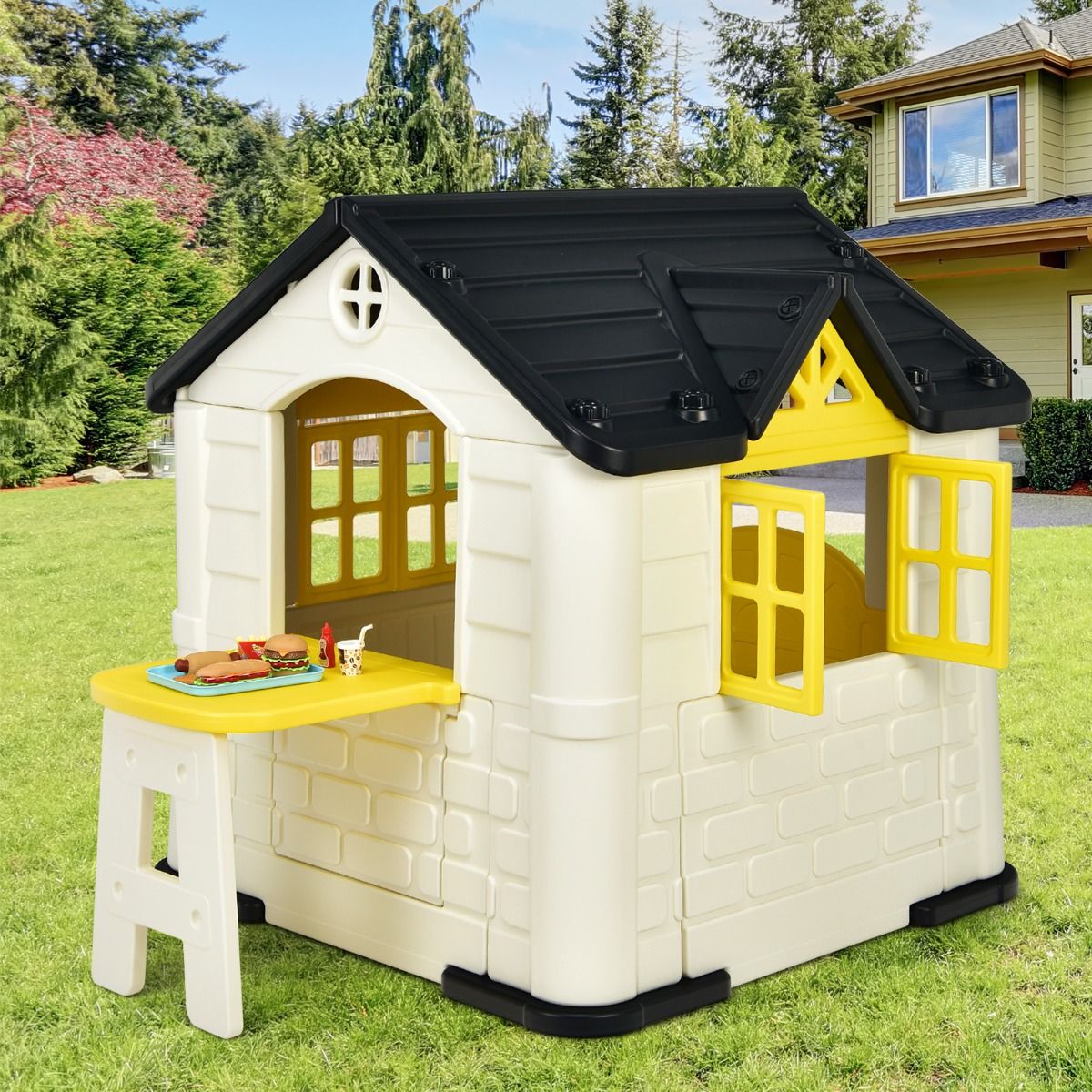 Maison Chef House -Thème Burger Bar - Table de Pique Nique Cabane de Jardin Anti-UV en Plastique 164x124x132 cm Bleu/Rose/Jaune
