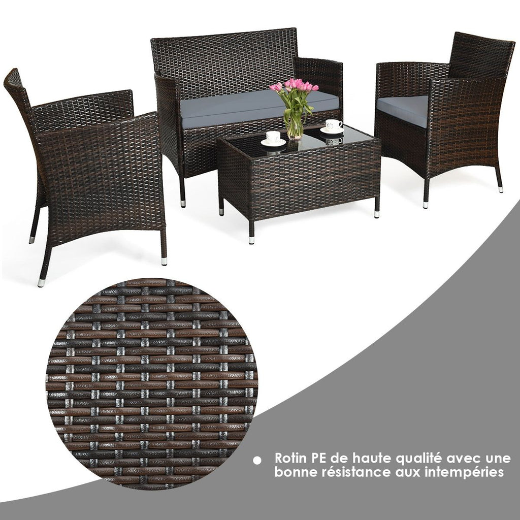 Salon de Jardin 4 PCS Mobilier de Terrasse en Rotin PE pour Véranda Patio Terrasse Piscine Marron et Gris