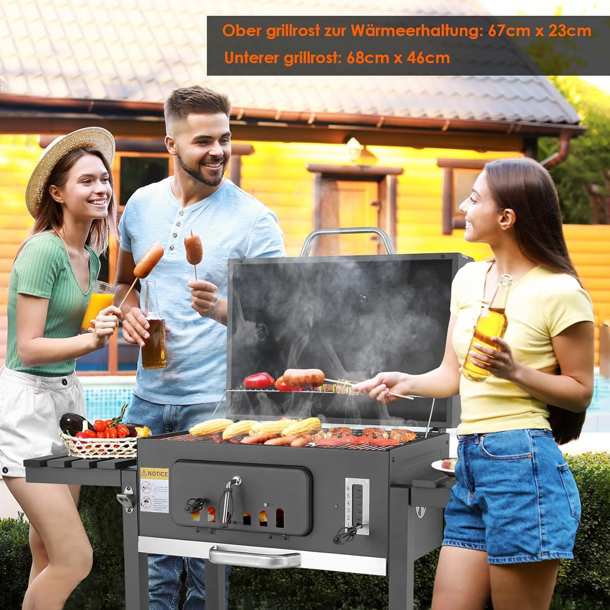Barbecue Charbon de Bois XL, Chariot à Barbecue, Grill XL à Charbon avec Couvercle, Roues et Thermomètre, Réglable en Hauteur, Grand Barbecue au Ch...