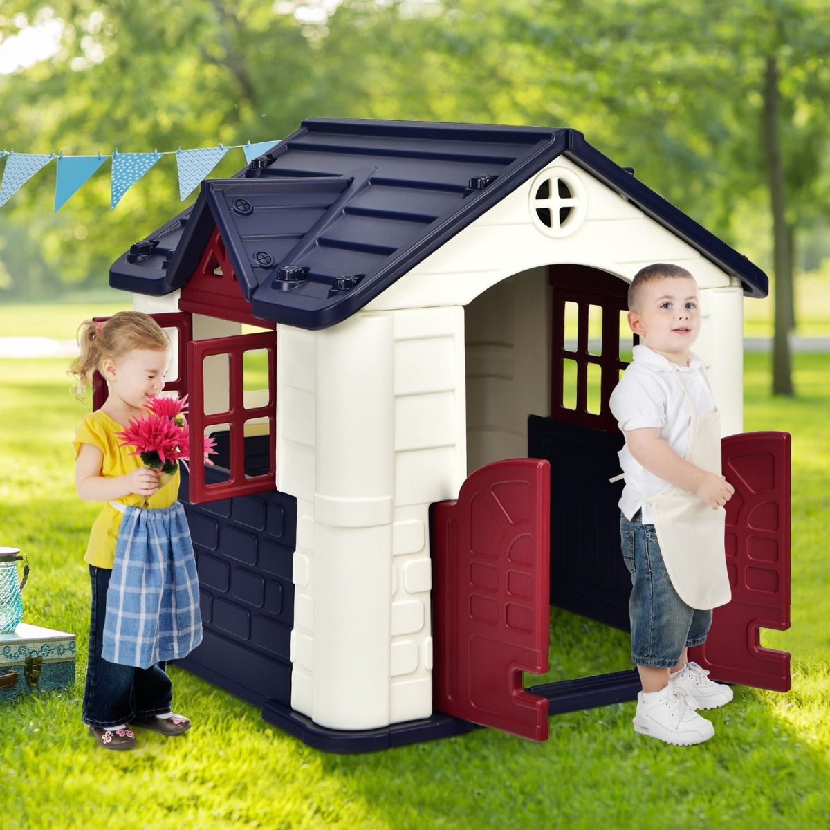 Maison Chef House -Thème Burger Bar - Table de Pique Nique Cabane de Jardin Anti-UV en Plastique 164x124x132 cm Bleu/Rose/Jaune