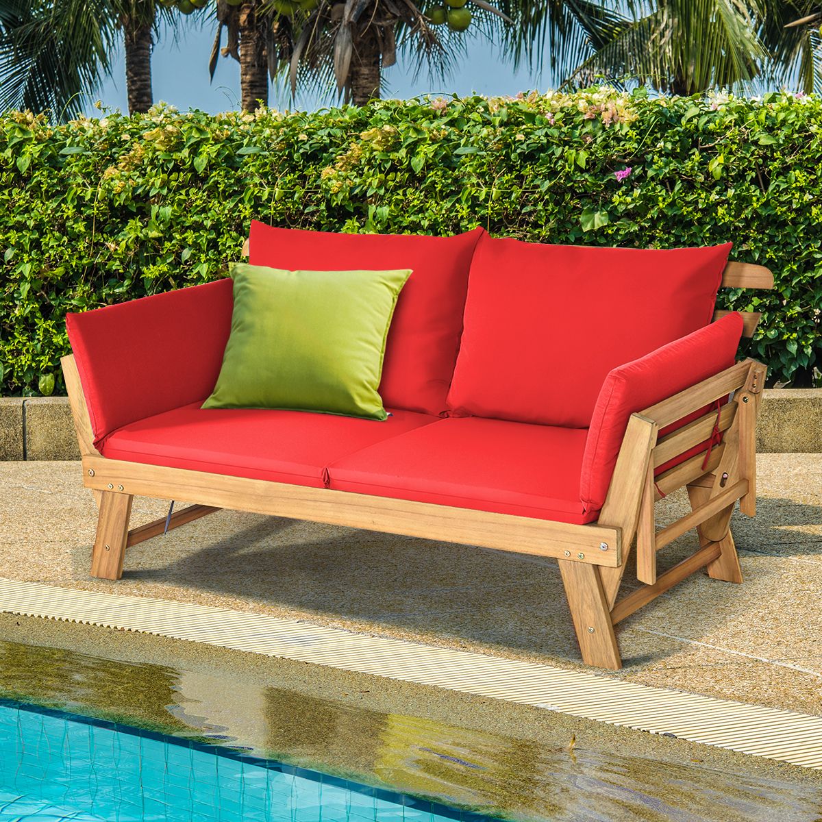 Chaise Longue Convertible avec Coussin Canapé de Jardin 2 en 1 en Bois d’Acacia avec Accoudoir Réglable pour Patio Piscine Jardin Blanc/Gris/Bleu/R...