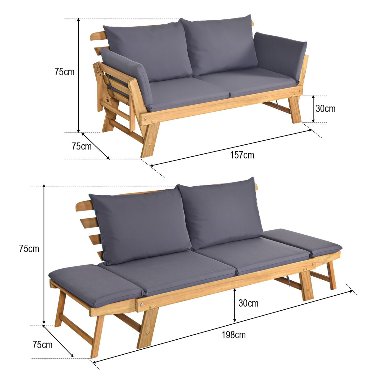 Chaise Longue Convertible avec Coussin Canapé de Jardin 2 en 1 en Bois d’Acacia avec Accoudoir Réglable pour Patio Piscine Jardin Blanc/Gris/Bleu/R...
