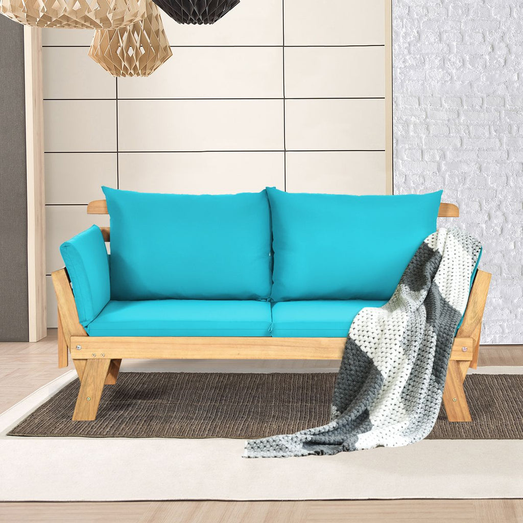 Chaise Longue Convertible avec Coussin Canapé de Jardin 2 en 1 en Bois d’Acacia avec Accoudoir Réglable pour Patio Piscine Jardin Blanc/Gris/Bleu/R...