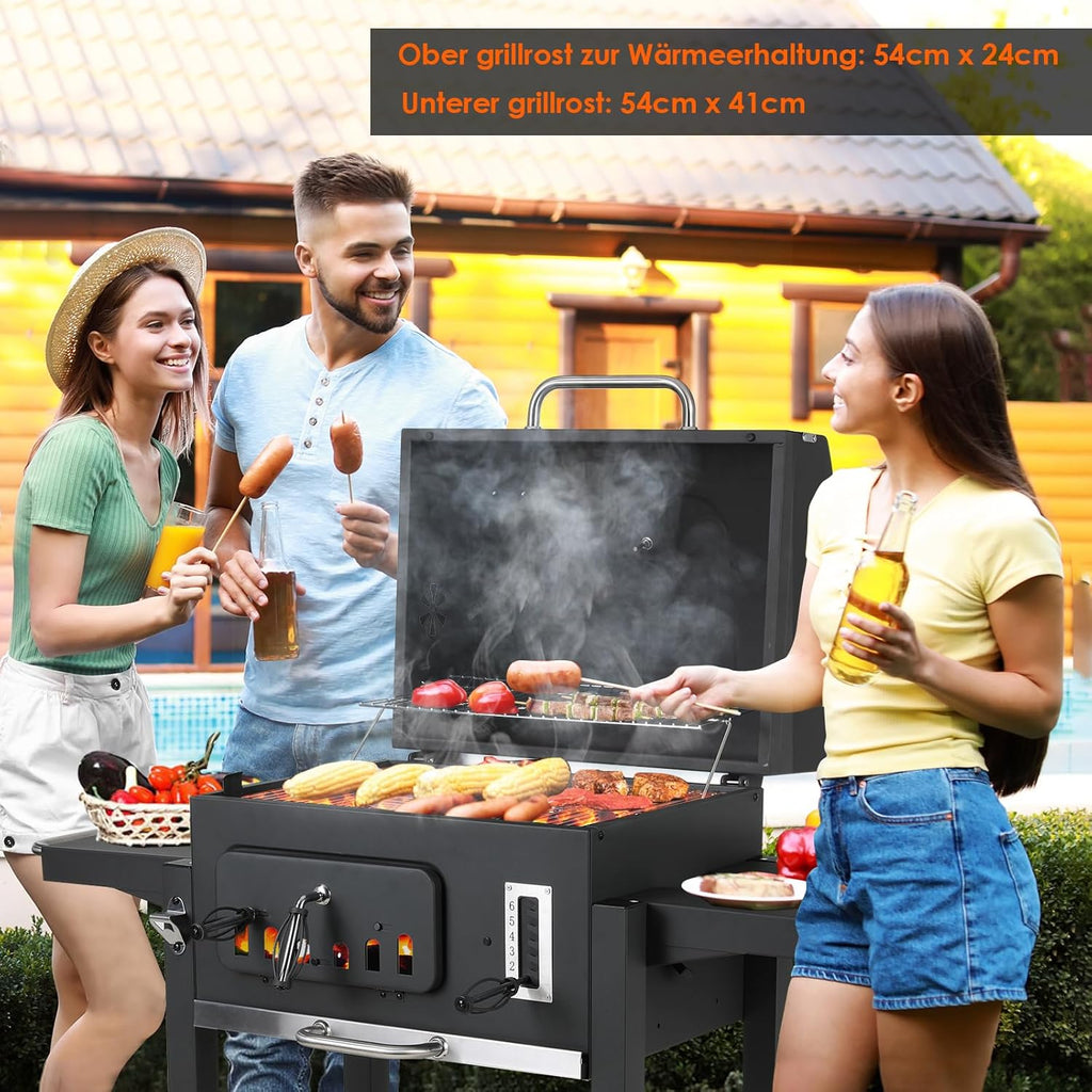 Barbecue Charbon de Bois XL, Chariot à Barbecue, Grill XL à Charbon avec Couvercle, Roues et Thermomètre, Réglable en Hauteur, Grand Barbecue au Ch...