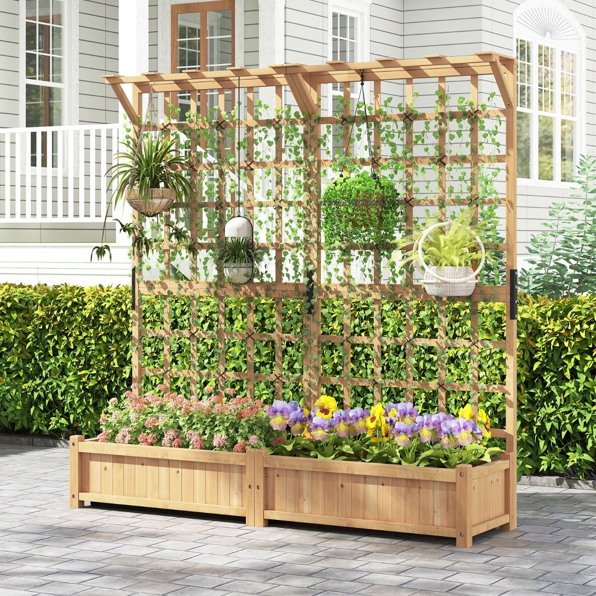Jardinière avec 2 Treillis 2 Bacs Toit Suspendu en Bois Lit de Jardin Surélevé avec 4 Trous de Drainage 180 x 48 x 183 cm Orange