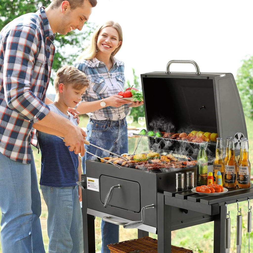 Barbecue Charbon de Bois XL, Chariot à Barbecue, Grill XL à Charbon avec Couvercle, Roues et Thermomètre, Réglable en Hauteur, Grand Barbecue au Ch...