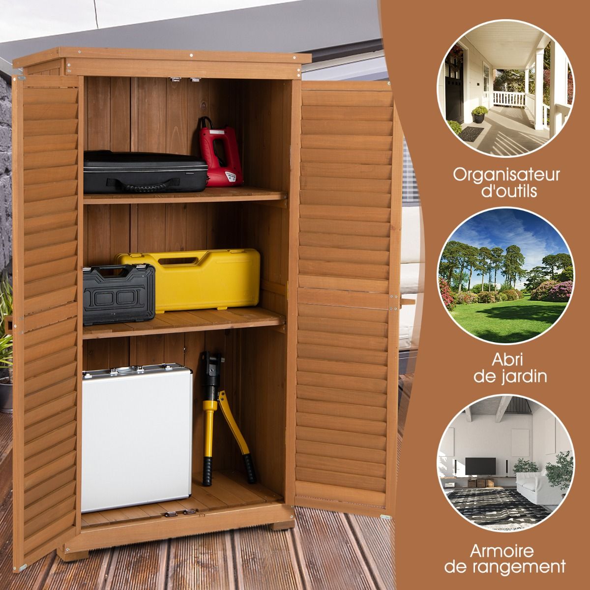 Abri de Jardin En Bois 160 Cm Toit en Asphalte 2 Portes Verrouillables avec Loquet Armoire Cabane en Sapin Pré-Huilé Imperméable 3 Étagères Amovibl...