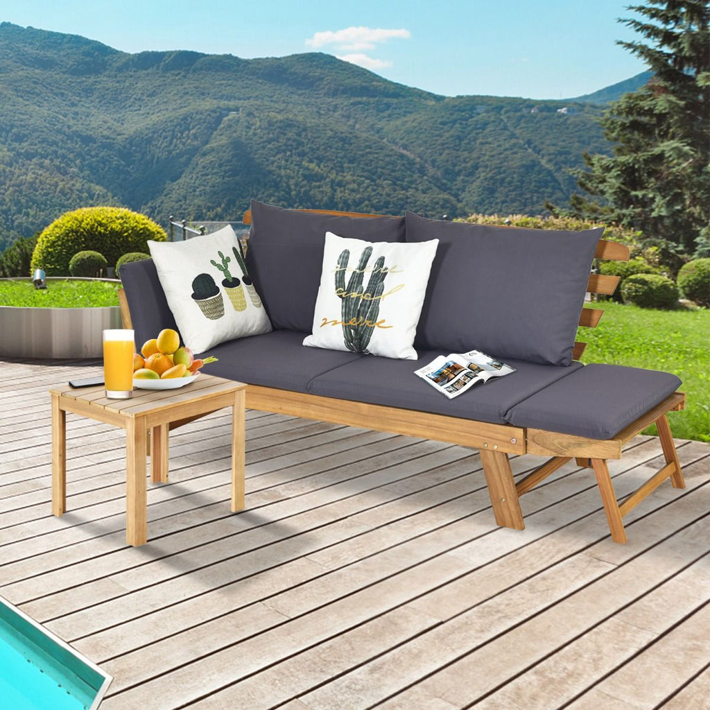 Chaise Longue Convertible avec Coussin Canapé de Jardin 2 en 1 en Bois d’Acacia avec Accoudoir Réglable pour Patio Piscine Jardin Blanc/Gris/Bleu/R...