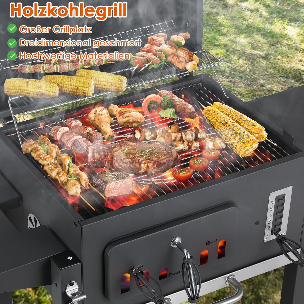 Barbecue Charbon de Bois XL, Chariot à Barbecue, Grill XL à Charbon avec Couvercle, Roues et Thermomètre, Réglable en Hauteur, Grand Barbecue au Ch...
