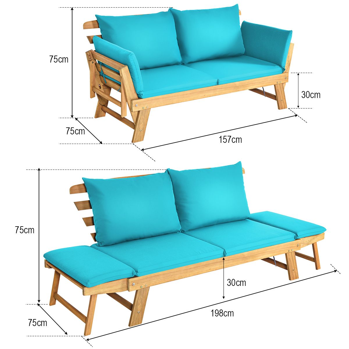 Chaise Longue Convertible avec Coussin Canapé de Jardin 2 en 1 en Bois d’Acacia avec Accoudoir Réglable pour Patio Piscine Jardin Blanc/Gris/Bleu/R...