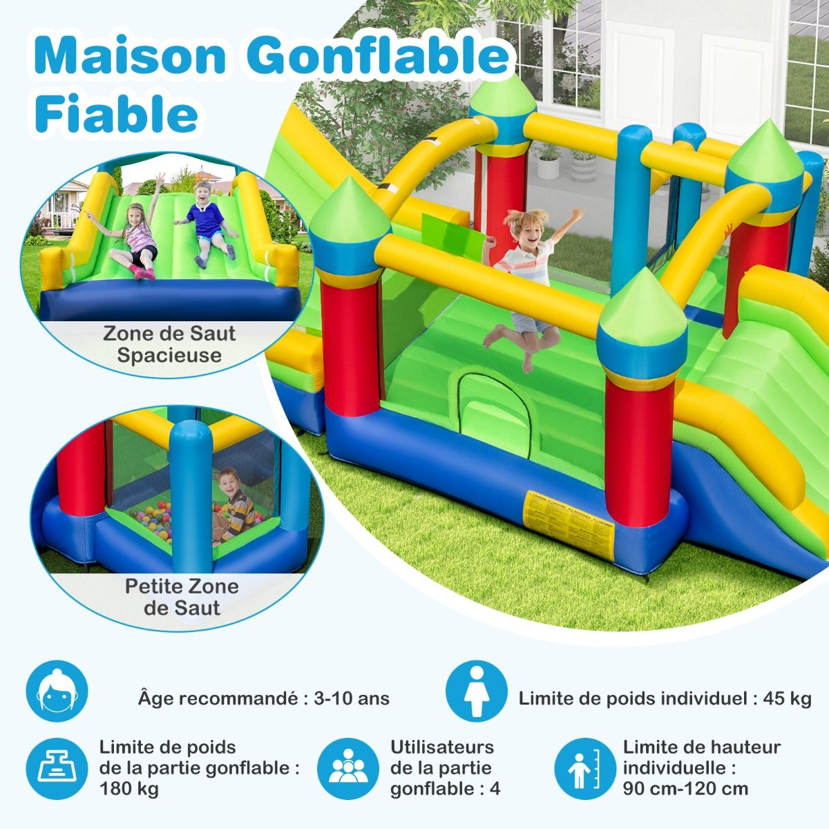 Château Gonflable pour 4 Enfants avec 2 Toboggans Tunnels Zone de Rebond Escalade Obstacles Maison de Jeu avec Souffleur de 680 W