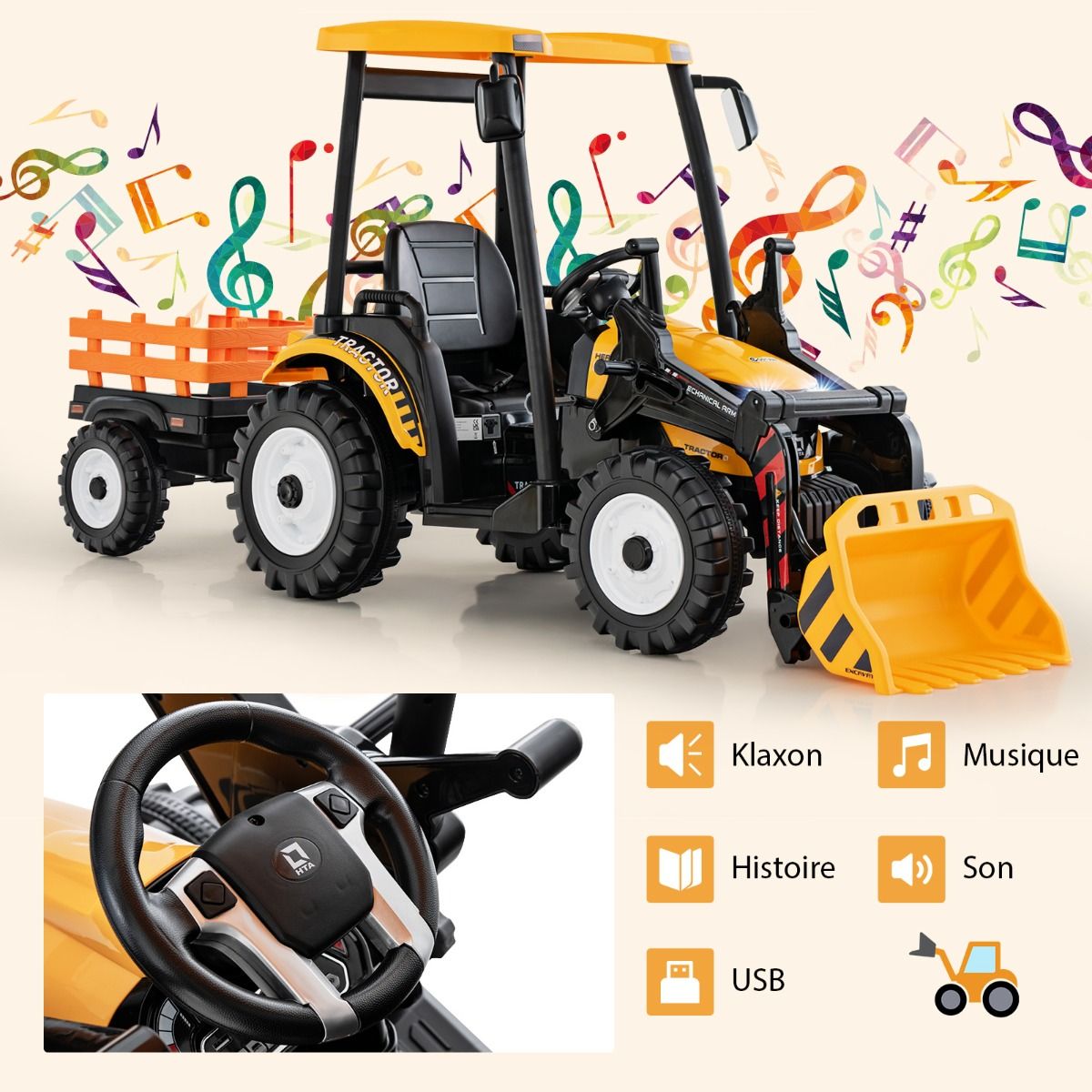 12V Tracteur Électrique Enfants avec Pelle&Remorque Amovible Véhicule Électrique à 6 Roues avec Télécommande & Musique 3-6 km/h pour 3-8 Ans Jaune/...
