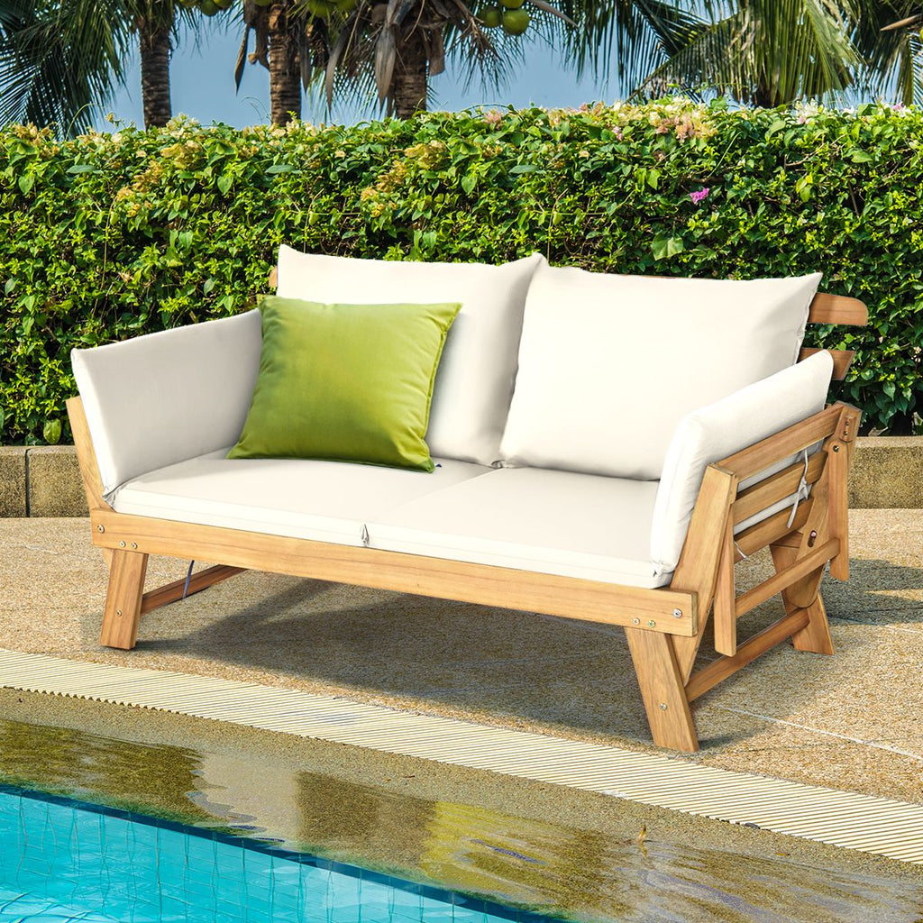 Chaise Longue Convertible avec Coussin Canapé de Jardin 2 en 1 en Bois d’Acacia avec Accoudoir Réglable pour Patio Piscine Jardin Blanc/Gris/Bleu/R...