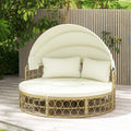 Lit de Repos Rond pour Patio avec Auvent Rétractable Ensemble de Siège Sectionnels Séparés en Rotin PE avec Coussins Doux Blanc