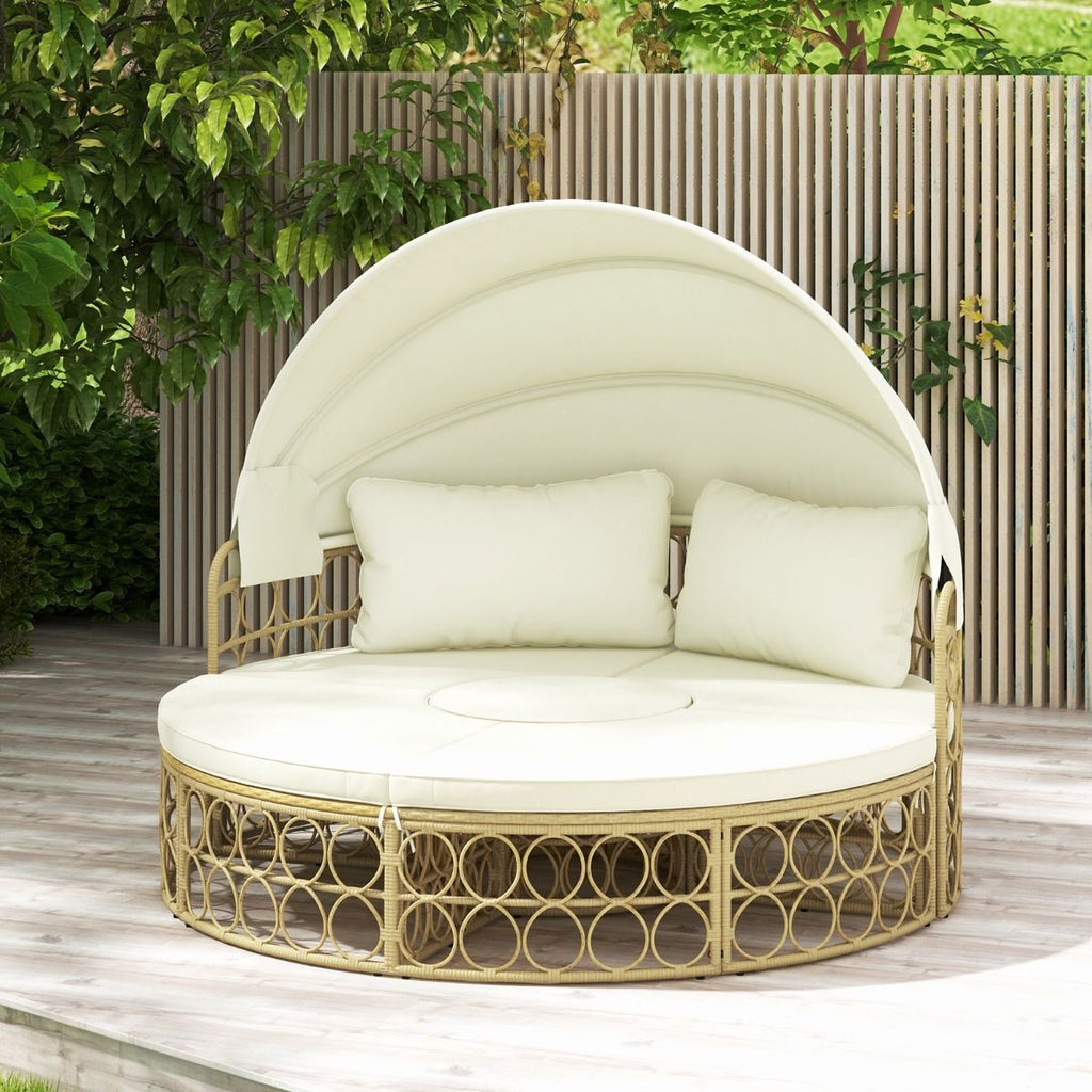 Lit de Repos Rond pour Patio avec Auvent Rétractable Ensemble de Siège Sectionnels Séparés en Rotin PE avec Coussins Doux Blanc
