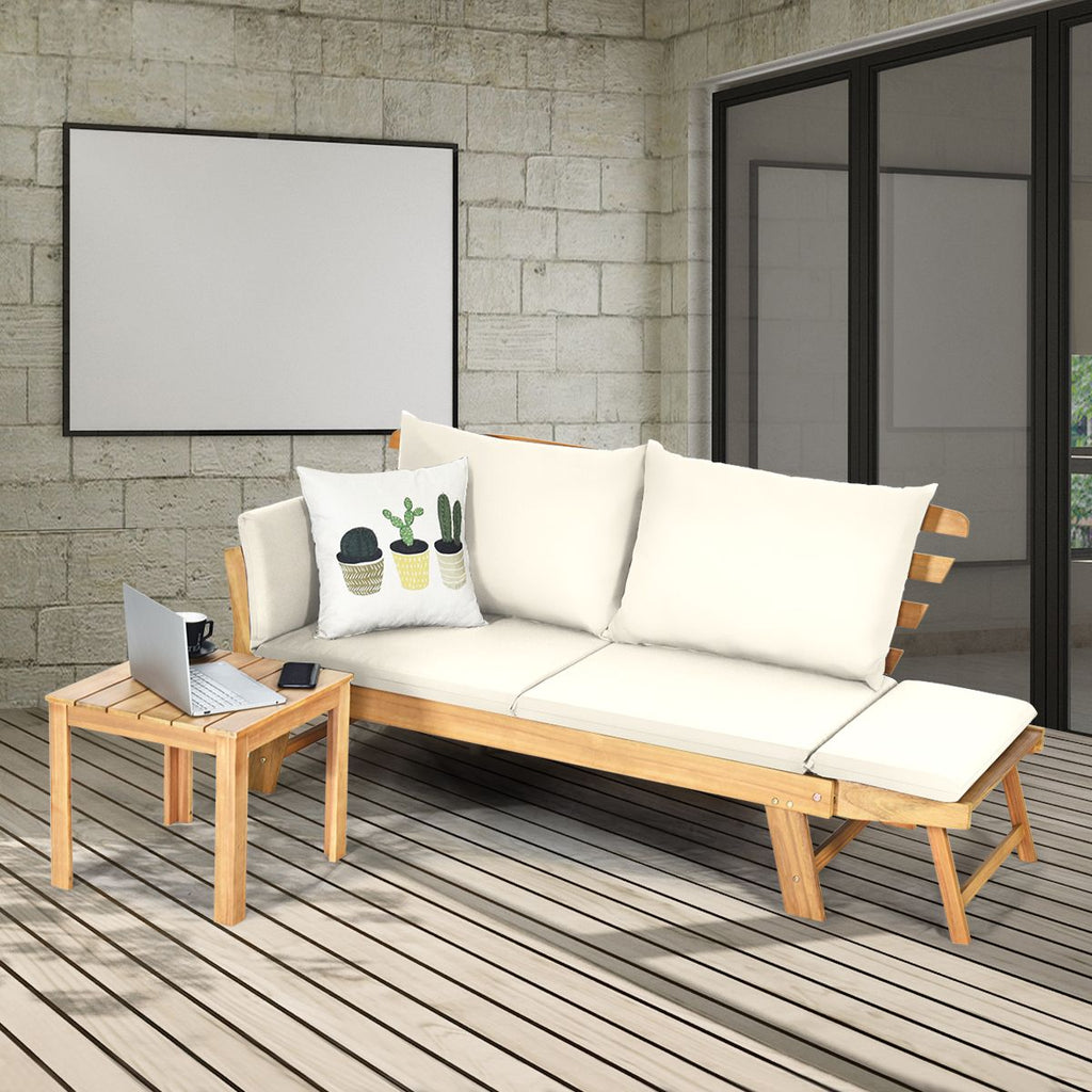 Chaise Longue Convertible avec Coussin Canapé de Jardin 2 en 1 en Bois d’Acacia avec Accoudoir Réglable pour Patio Piscine Jardin Blanc/Gris/Bleu/R...