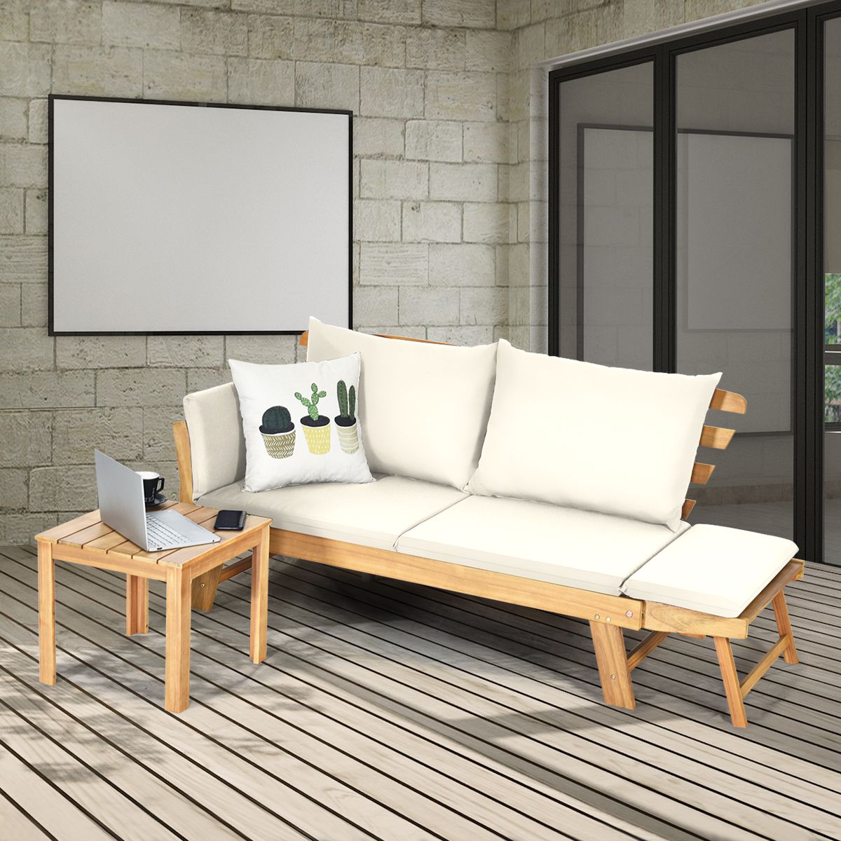 Chaise Longue Convertible avec Coussin Canapé de Jardin 2 en 1 en Bois d’Acacia avec Accoudoir Réglable pour Patio Piscine Jardin Blanc/Gris/Bleu/R...