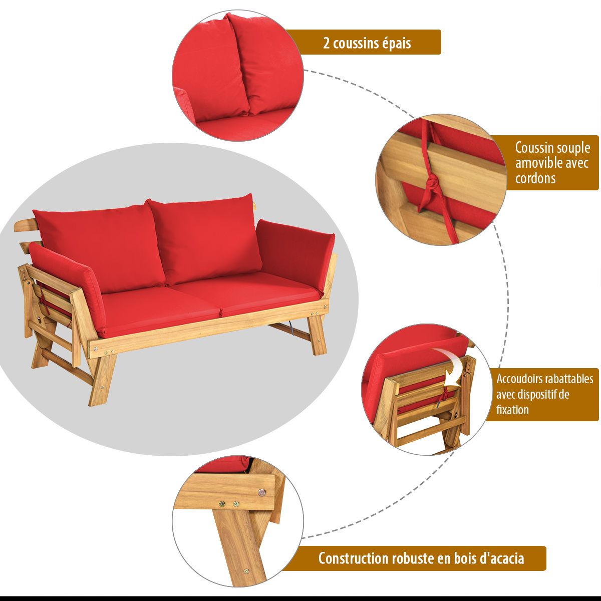 Chaise Longue Convertible avec Coussin Canapé de Jardin 2 en 1 en Bois d’Acacia avec Accoudoir Réglable pour Patio Piscine Jardin Blanc/Gris/Bleu/R...