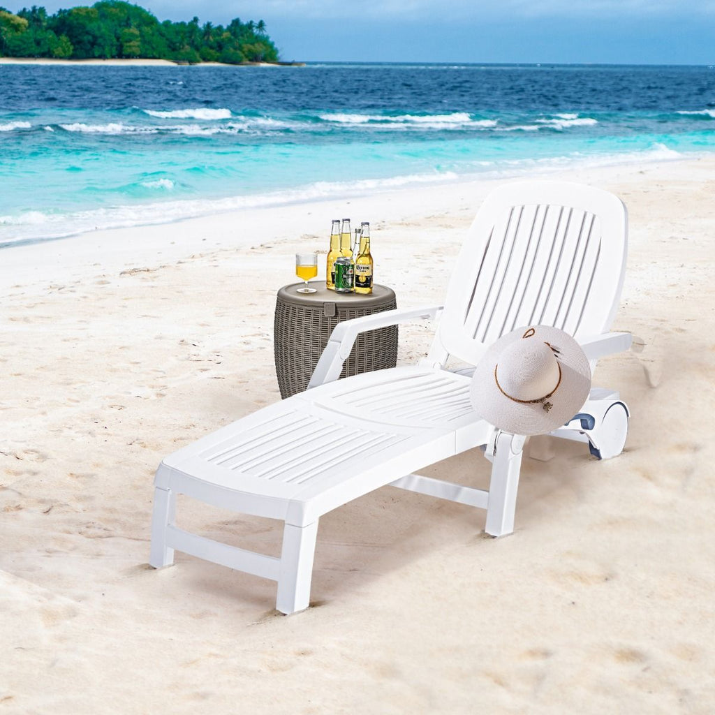 Chaise Longue Inclinable Réglable à 5 Positions avec Roues Flexibles Fauteuil Relax de Camping avec Boîte de Rangement Charge 150KG Blanc