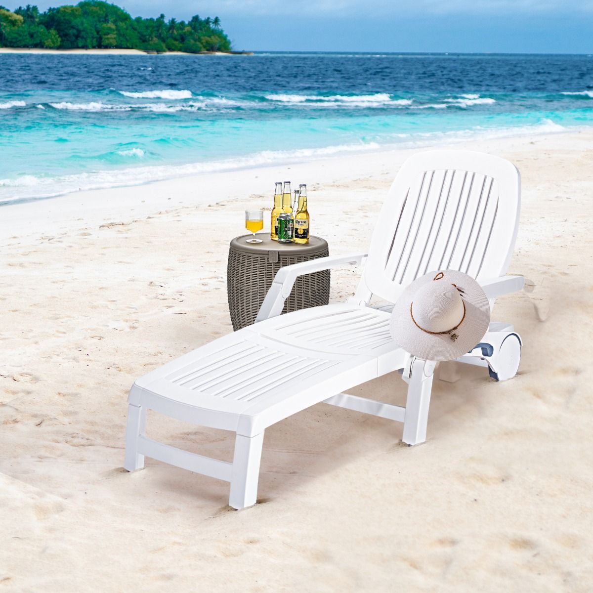 Chaise Longue Inclinable Réglable à 5 Positions avec Roues Flexibles Fauteuil Relax de Camping avec Boîte de Rangement Charge 150KG Blanc