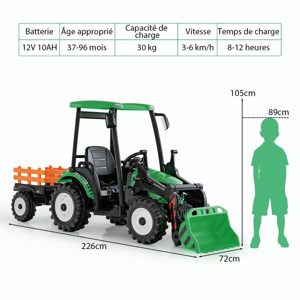 12V Tracteur Électrique Enfants avec Pelle&Remorque Amovible Véhicule Électrique à 6 Roues avec Télécommande & Musique 3-6 km/h pour 3-8 Ans Jaune/...