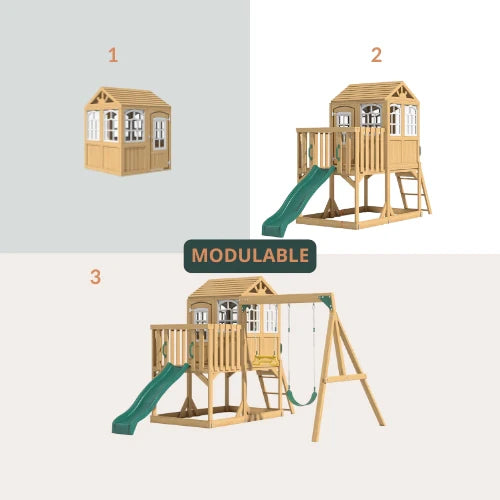 Aire de jeux enfant Montessori - 3 en 1 Balançoire, Toboggan, Cabane en bois modulable