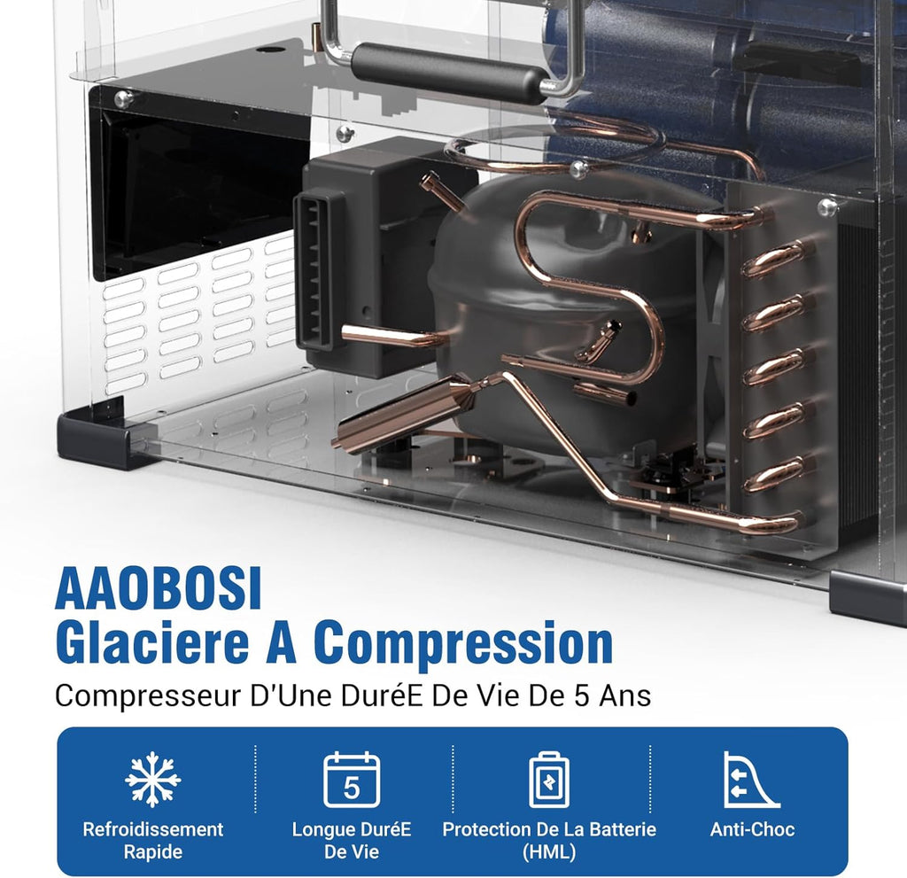 AAOBOSI 45L Glacière à Compresseur, Glaciere Électrique -20℃ à 20℃, Frigo Camion APP&Bouton Contrôle, 12/24V DC et 100-240V AC Glaciere Camping Pou...