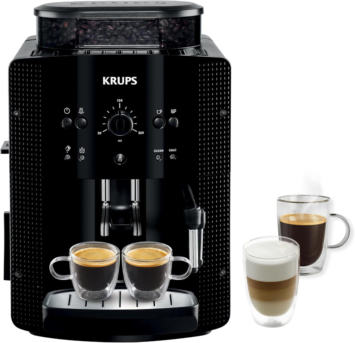 Krups Machine à café grain, 1,7 L, 2 tasses en simultané, Nettoyage automatique, Buse vapeur pour Cappuccino, Cafetière espresso, Essential noire Y...