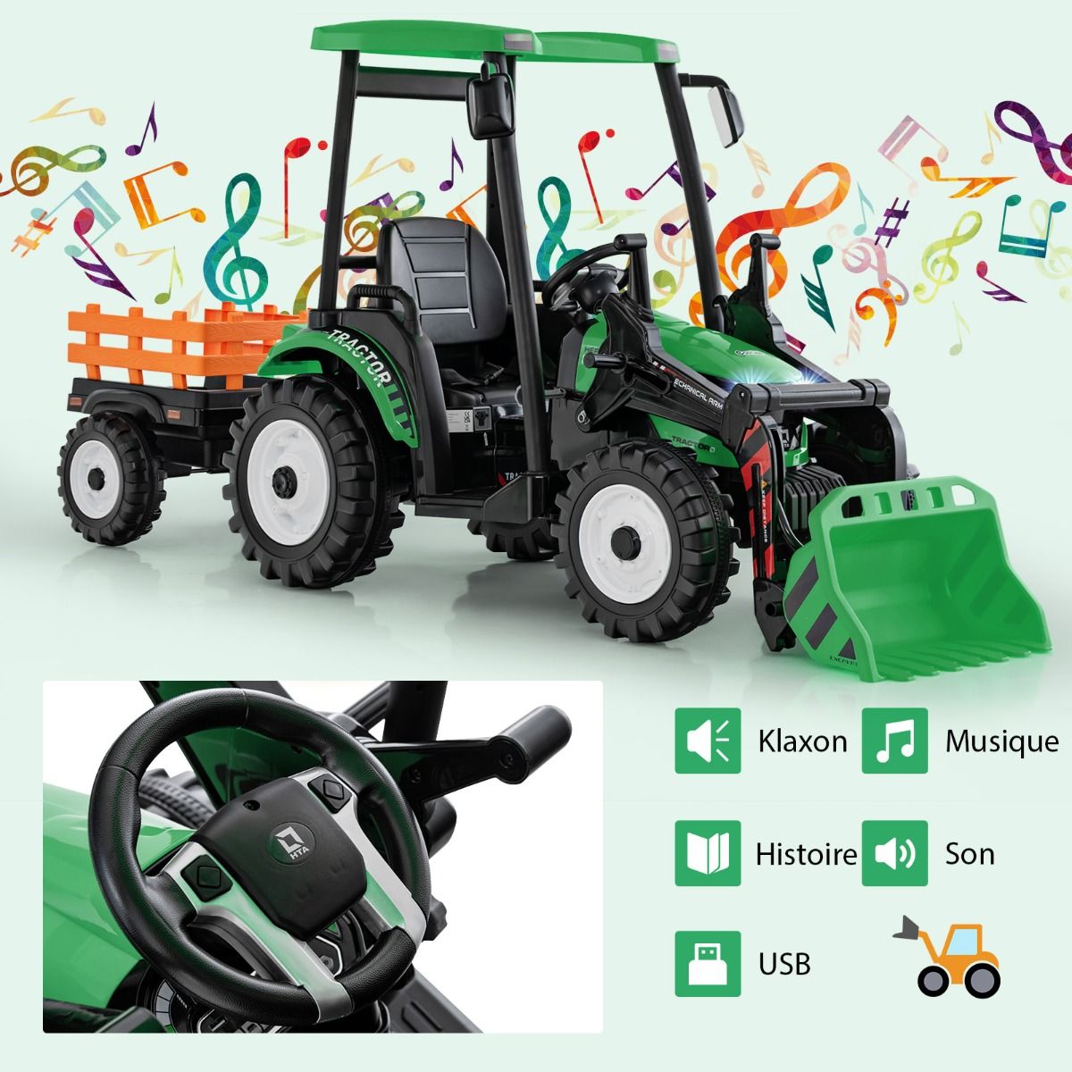 12V Tracteur Électrique Enfants avec Pelle&Remorque Amovible Véhicule Électrique à 6 Roues avec Télécommande & Musique 3-6 km/h pour 3-8 Ans Jaune/...