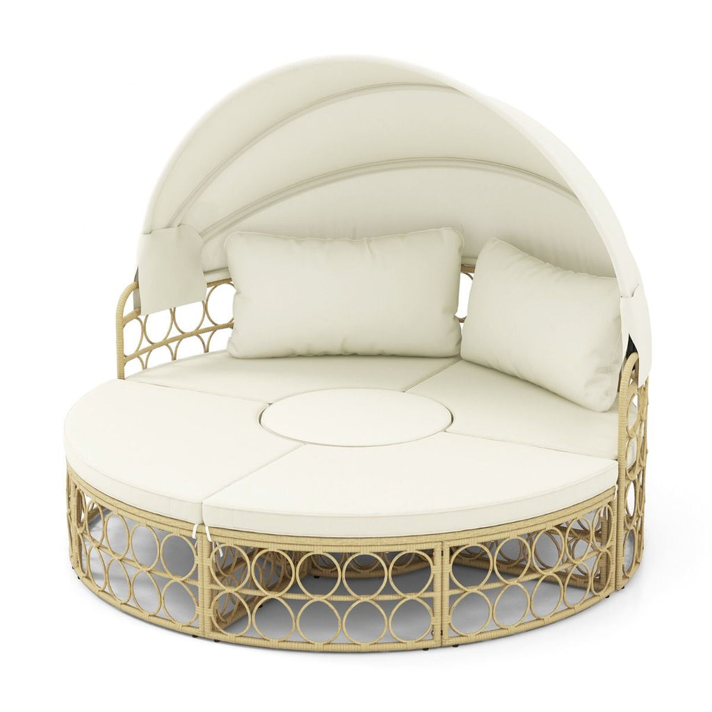 Lit de Repos Rond pour Patio avec Auvent Rétractable Ensemble de Siège Sectionnels Séparés en Rotin PE avec Coussins Doux Blanc