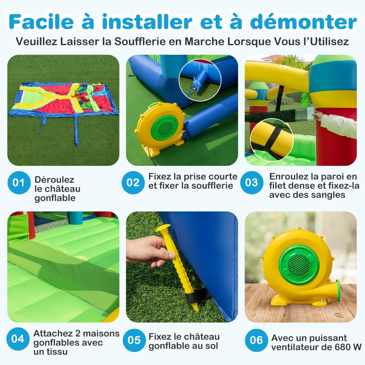 Château Gonflable pour 4 Enfants avec 2 Toboggans Tunnels Zone de Rebond Escalade Obstacles Maison de Jeu avec Souffleur de 680 W