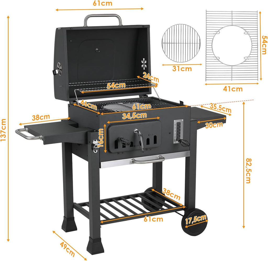 Barbecue Charbon de Bois XL, Chariot à Barbecue, Grill XL à Charbon avec Couvercle, Roues et Thermomètre, Réglable en Hauteur, Grand Barbecue au Ch...