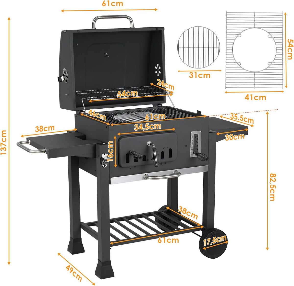 Barbecue Charbon de Bois XL, Chariot à Barbecue, Grill XL à Charbon avec Couvercle, Roues et Thermomètre, Réglable en Hauteur, Grand Barbecue au Ch...