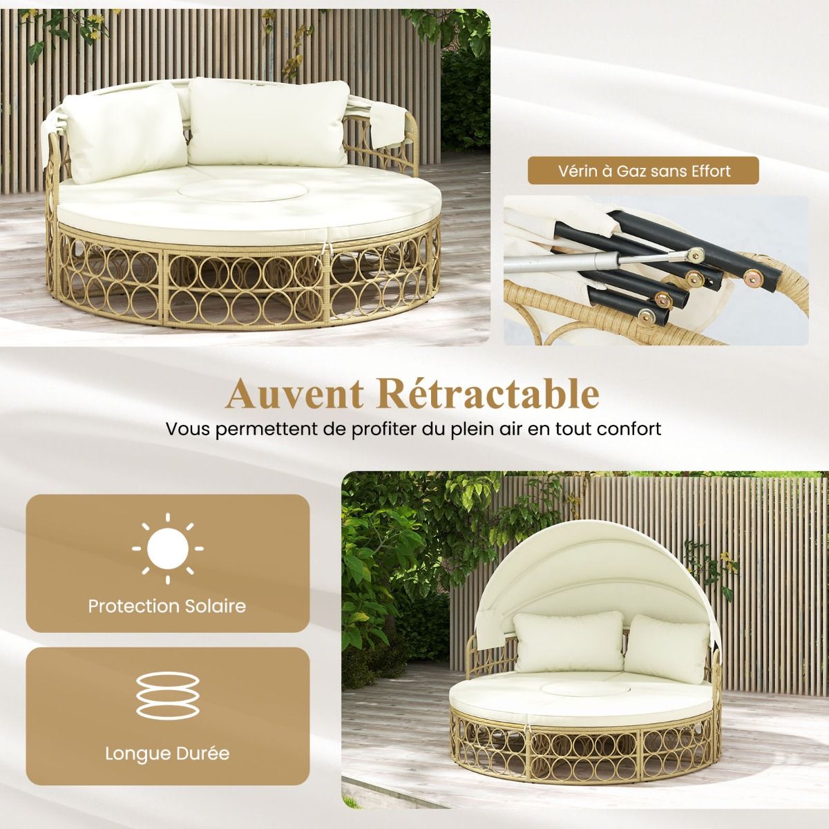Lit de Repos Rond pour Patio avec Auvent Rétractable Ensemble de Siège Sectionnels Séparés en Rotin PE avec Coussins Doux Blanc