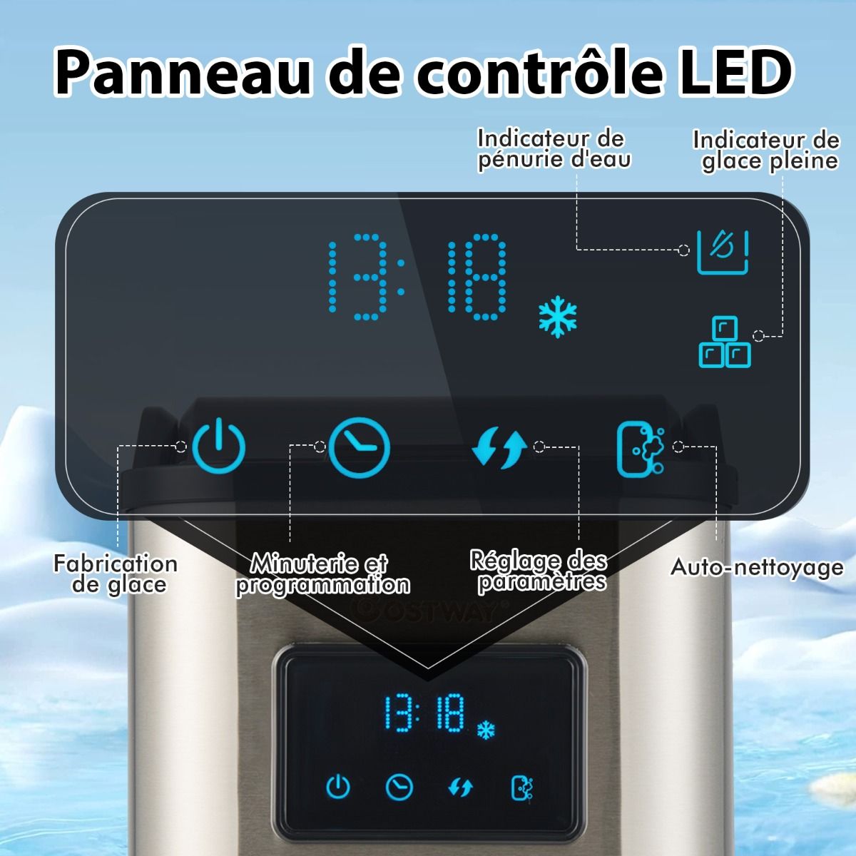 Machine à Glaçons 24kg en 24h Panneau de Contrôle Tactile LED