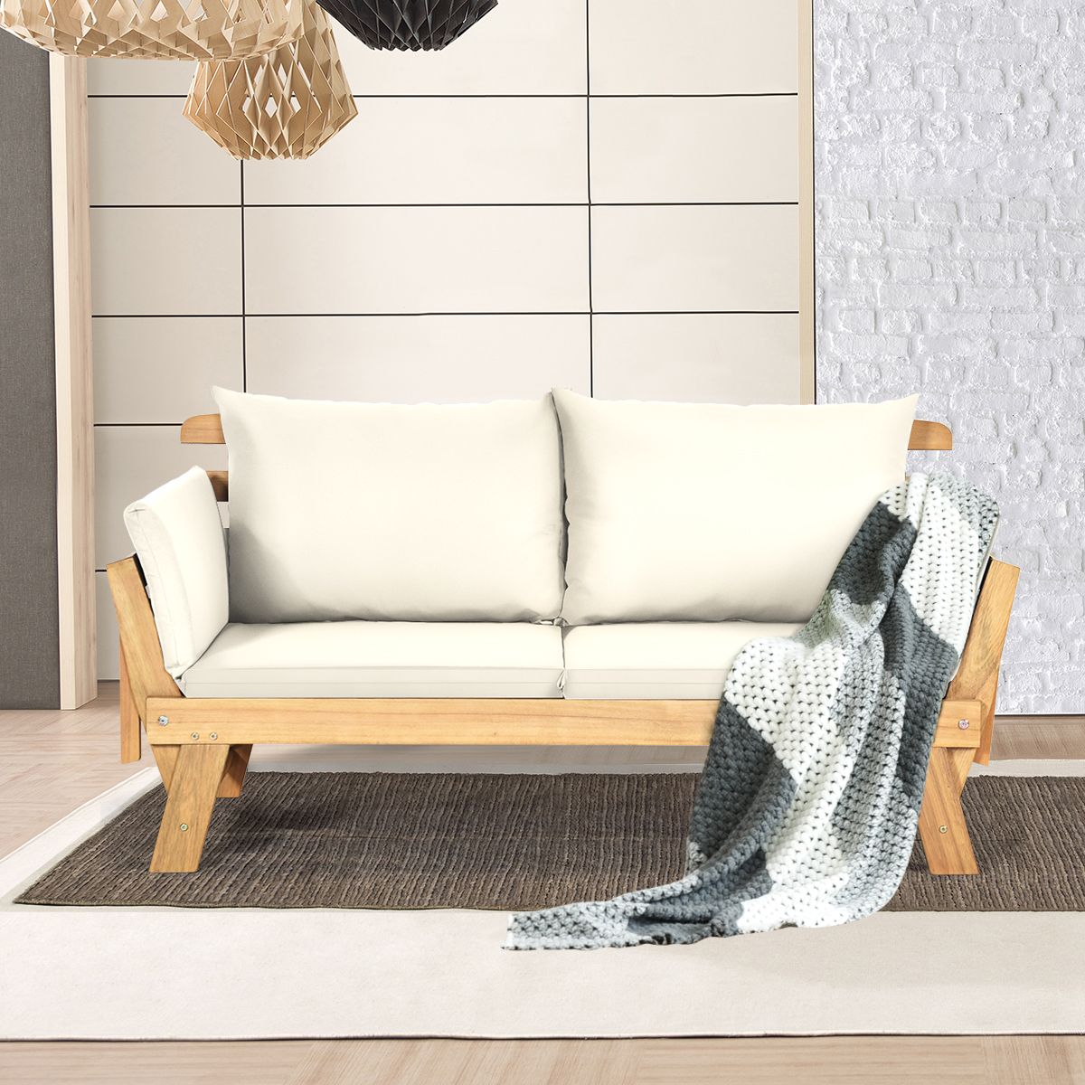 Chaise Longue Convertible avec Coussin Canapé de Jardin 2 en 1 en Bois d’Acacia avec Accoudoir Réglable pour Patio Piscine Jardin Blanc/Gris/Bleu/R...