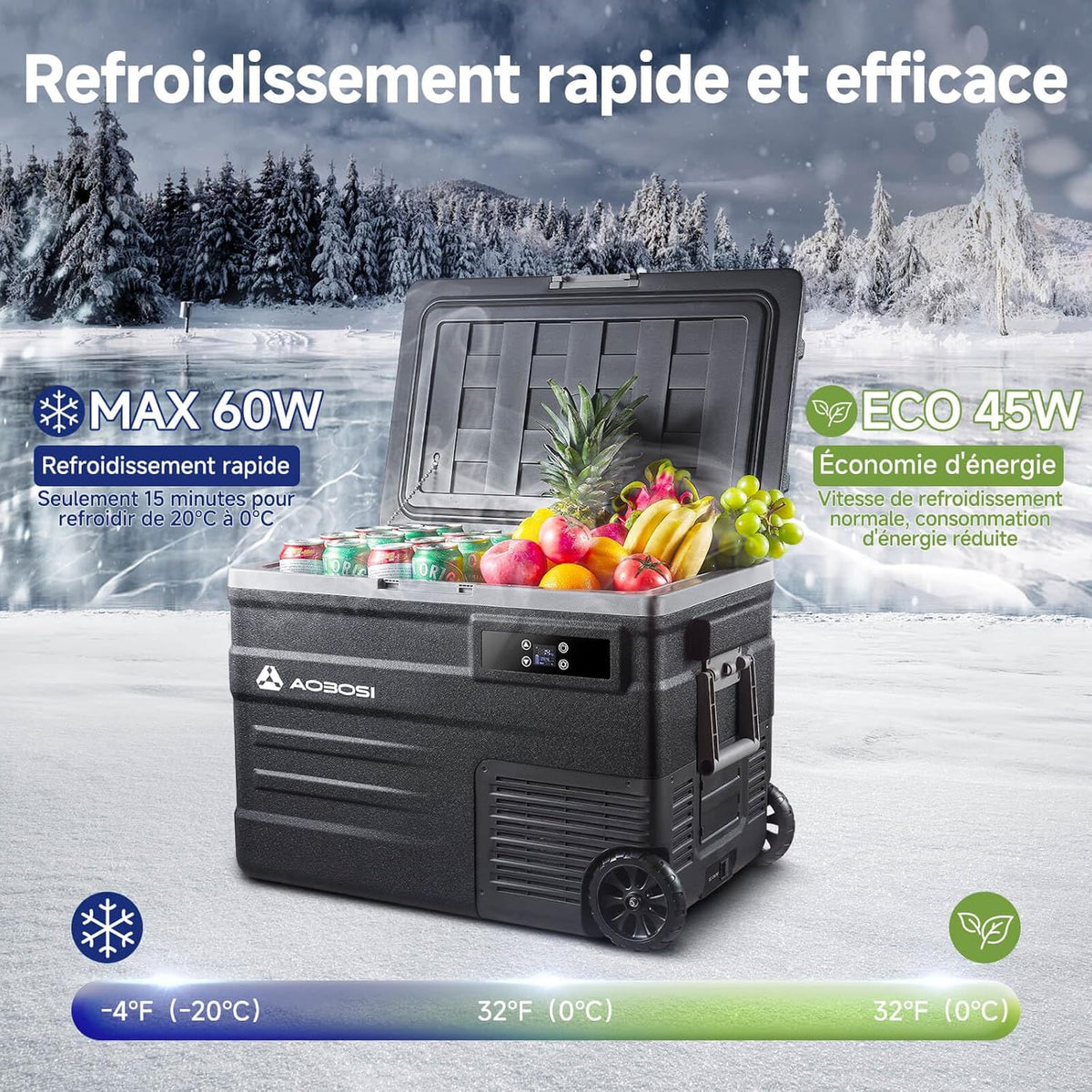 AAOBOSI 45L Glacière à Compresseur, Glaciere Électrique -20℃ à 20℃, Frigo Camion APP&Bouton Contrôle, 12/24V DC et 100-240V AC Glaciere Camping Pou...
