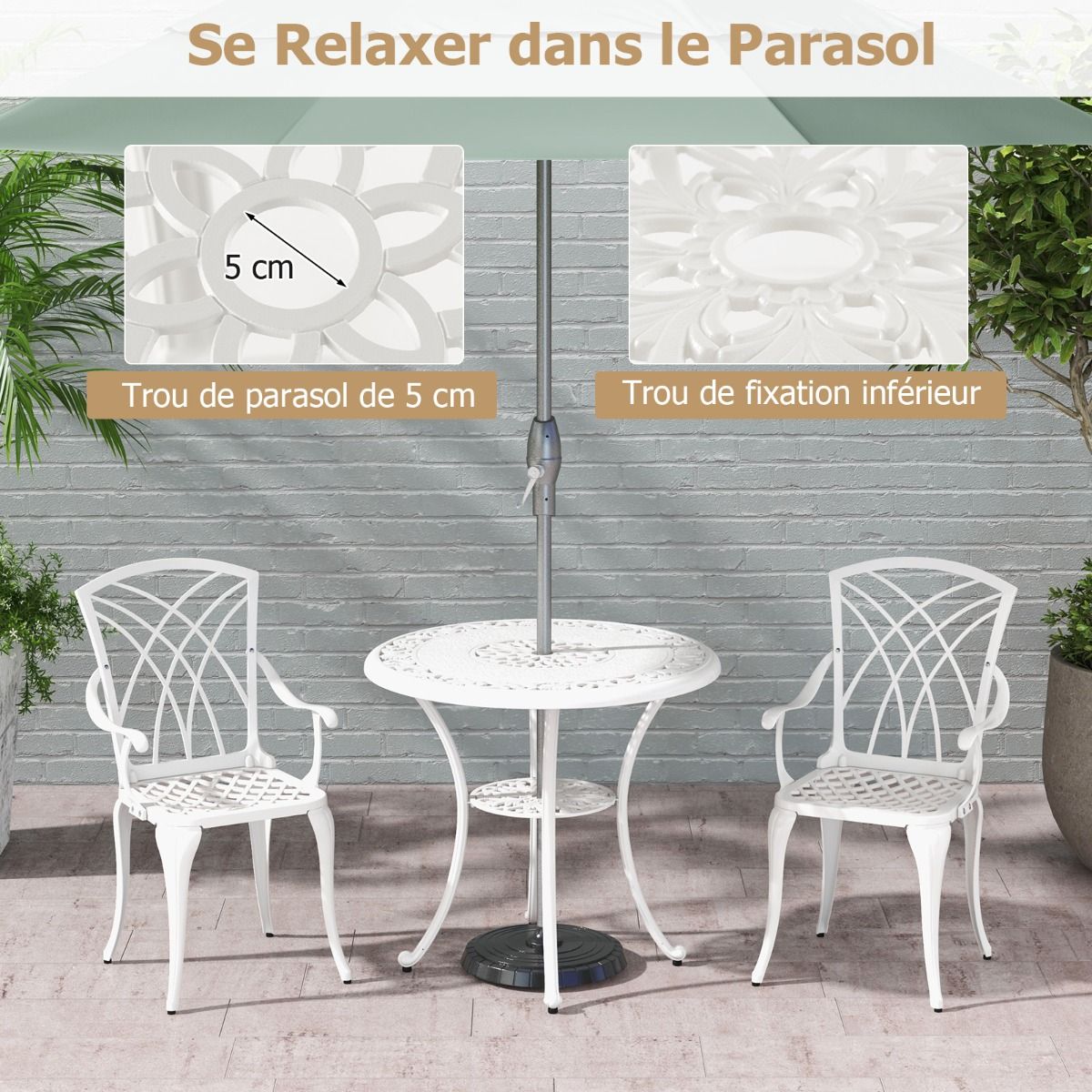 5 Pcs Salon de Jardin en Fonte d'Aluminium Trou pour Parasol Repose-pieds Réglables Ensemble de Table Ronde et 4 Chaises Blanc