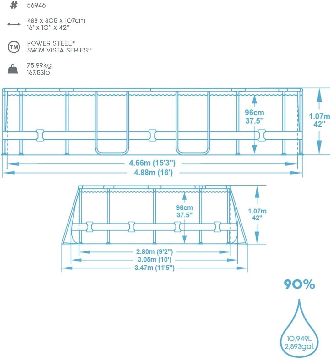 Bestway 56946 Piscine Power Steel™ Swim Vista ovale 488 x 305 x 107 cm motif rotin avec hublots, filtration à sable, échelle, bâche et diffuseur Ch...