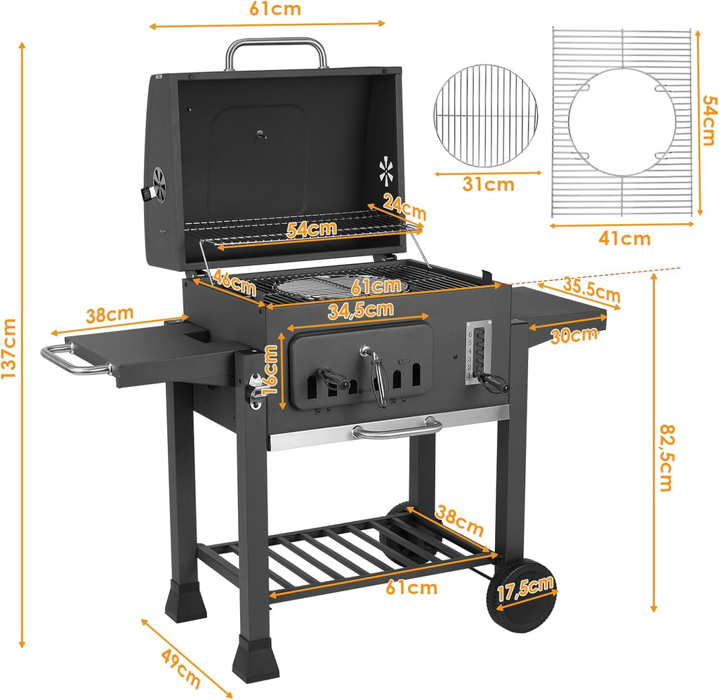 Barbecue Charbon de Bois XL, Chariot à Barbecue, Grill XL à Charbon avec Couvercle, Roues et Thermomètre, Réglable en Hauteur, Grand Barbecue au Ch...