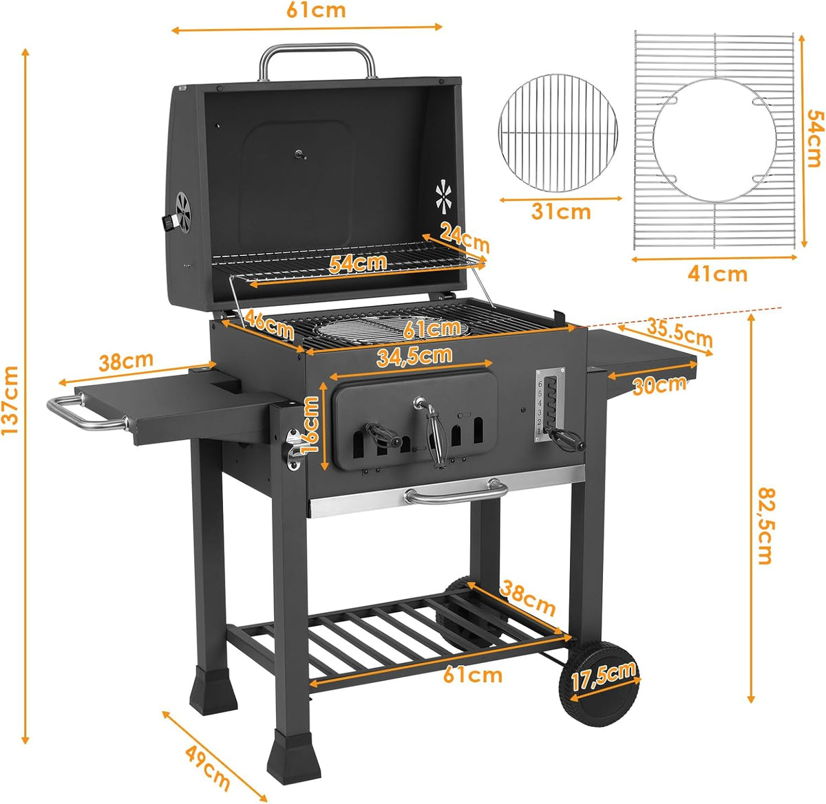 Barbecue Charbon de Bois XL, Chariot à Barbecue, Grill XL à Charbon avec Couvercle, Roues et Thermomètre, Réglable en Hauteur, Grand Barbecue au Ch...