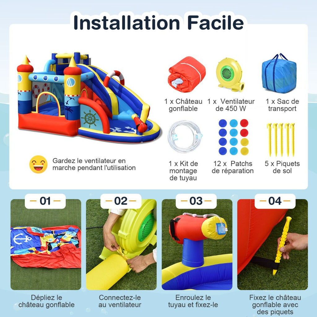 Château Gonflable Style Bateau avec Toboggan Incurvé Zone de Saut Mur d'Escalade avec Gonfleur 450 W